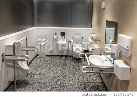 Comprehensive generic disability friendly restroom toilet sanitary with hand rails, bars and aids. 135793175
