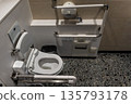 Comprehensive generic disability friendly toilet bowl sanitary with hand rails, bars and aids. 135793178