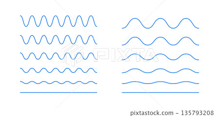 Wavy, curvy lines. Undulate simple blue borders, transverse horizontal lines. Sine, fluid, air, wind signs. Water, river, lake, sea, ocean symbol. Outline thin graphic illustration on white background Wavy, curvy lines. Undulate simple blue borders, transverse horizontal lines. Sine, fluid, air, wind signs. Water, river, lake, sea, ocean symbol. Outline thin graphic illustration on white background 135793208