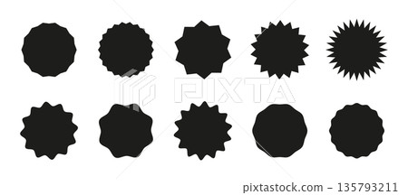 Circle stickers. Wavy edge promo badges. Star burst shape black tags for price. Set of blank sale sticker. Vintage flat labels collection. Graphic illustration. Simple silhouette. 135793211