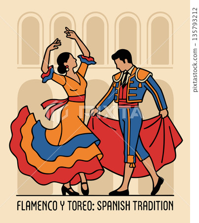 Flamenco dancer and toreador. Spanish traditions. Vector illustration 135793212