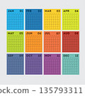 A colorful calendar with twelve months displayed in a grid layout 135793311