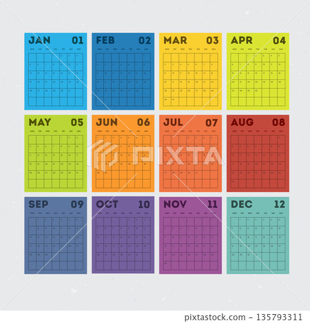 A colorful calendar with twelve months displayed in a grid layout 135793311