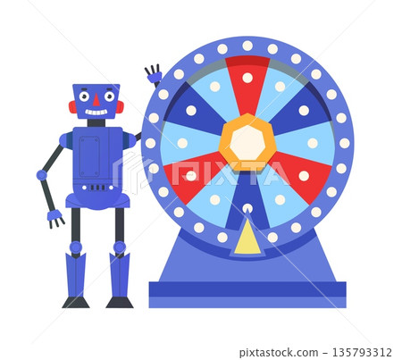 Casino wheel. Robot character rotating roulette circle. Gambling game. Robotic android betting. Lottery winning. Gamble fortune. Lucky chance for artificial intelligence. Vector concept 135793312