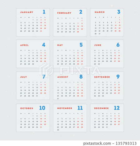 A calendar with all 12 months of the year displayed A calendar with all 12 months of the year displayed 135793313