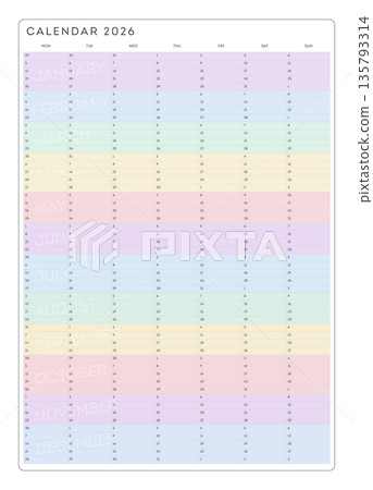 A colorful 2026 calendar with pastel colors on a white background A colorful 2026 calendar with pastel colors on a white background 135793314