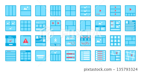 UX UI kit. Web flow wireframe. Website interface or flowchart mockup elements for mobile site. Map navigation. Browser window. Messenger chat. Picture album. Vector design templates set UX UI kit. Web flow wireframe. Website interface or flowchart mockup elements for mobile site. Map navigation. Browser window. Messenger chat. Picture album. Vector design templates set 135793324