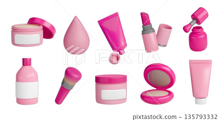 3D beauty icons. Facial mask cream. Makeup product or SPF lotion tube. Korean lipstick. Cosmetic brush and sponge. Face powder with mirror. Pink nail polish. Vector render objects set 3D beauty icons. Facial mask cream. Makeup product or SPF lotion tube. Korean lipstick. Cosmetic brush and sponge. Face powder with mirror. Pink nail polish. Vector render objects set 135793332