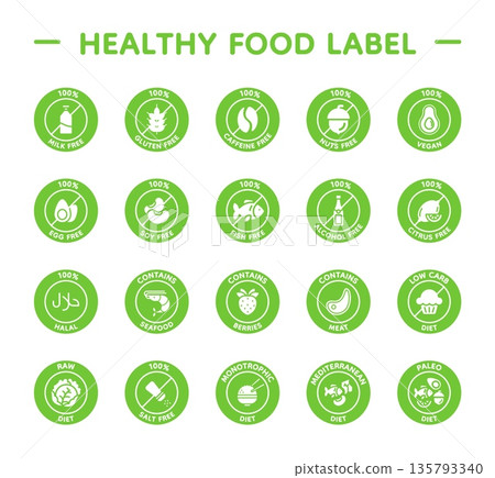 Vegetarian icons. Vegan gluten, lactose free symbol or no added sugar stickers. Healthy food. Farm raw ingredient. Fresh local products logotype collection. Vector line isolated set Vegetarian icons. Vegan gluten, lactose free symbol or no added sugar stickers. Healthy food. Farm raw ingredient. Fresh local products logotype collection. Vector line isolated set 135793340