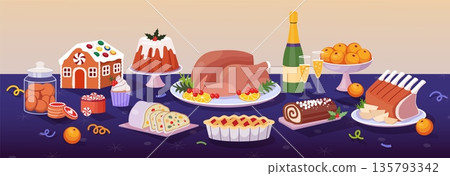 Christmas food. Festive dinner table. Mince pie in lunch buffet. Turkey meat at home party. Tablecloth setting in restaurant. Sweet cake with glaze. Champagne bottle. Vector illustration 135793342