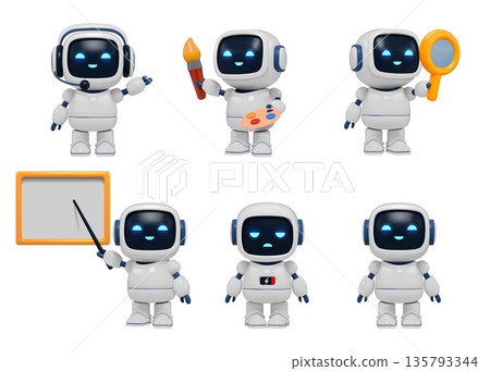 3d robot. Ai education icon, cute school computer research, cyborg teacher render isolated character hold paint, magnifier glass. Artificial intelligence for business. Vector illustration 3d robot. Ai education icon, cute school computer research, cyborg teacher render isolated character hold paint, magnifier glass. Artificial intelligence for business. Vector illustration 135793344