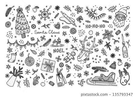 Christmas doodles. Xmas Santa sketch, winter hand drawn elements for holly sleigh new year t shirt with snowman, tree and branches. Vector isolated icons gifts and garlands collection Christmas doodles. Xmas Santa sketch, winter hand drawn elements for holly sleigh new year t shirt with snowman, tree and branches. Vector isolated icons gifts and garlands collection 135793347