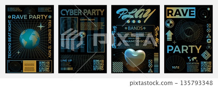 Rave flyers. Psychedelic techno 90s background. Trendy retro Y2K poster or 3D globe art. Disco party. Digital geometric stickers. Gradient frame. Vector banners design templates set 135793348