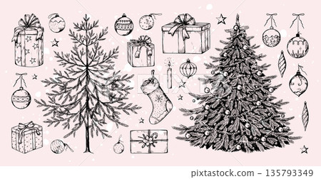 Vintage Merry Christmas tree. Hand drawn black and white sketch. Line retro gift or art Xmas present. New year ornament. Holiday sock or festive garland balls. Vector isolated elements set 135793349