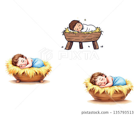 Vsai baby infant sleeping in manger with hay bed Vsai baby infant sleeping in manger with hay bed 135793513