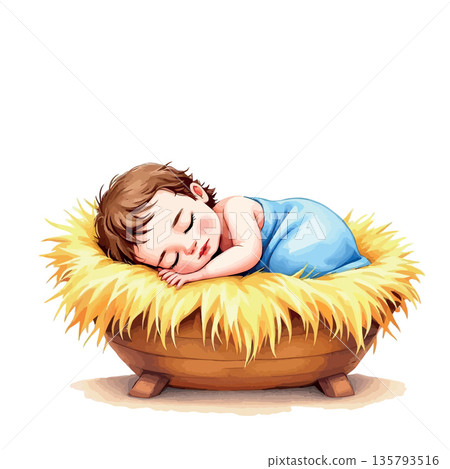 Vsai baby jesus sleeping in hay manger nativity scene 135793516