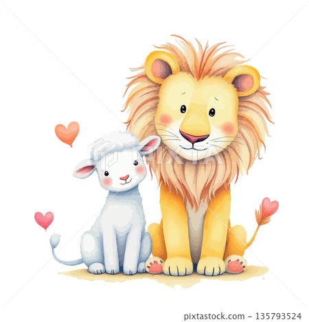 Vsai cute lion and lamb friendship watercolor illustration Vsai cute lion and lamb friendship watercolor illustration 135793524
