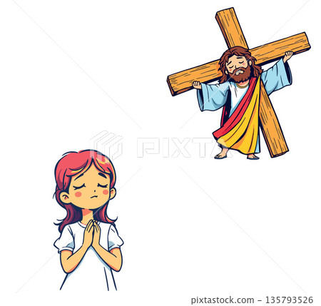 Vsai jesus carrying cross and young girl praying Vsai jesus carrying cross and young girl praying 135793526