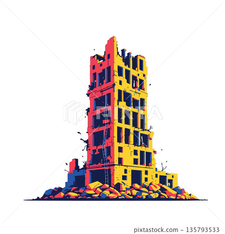 Vsai destroyed building standing amidst rubble illustration 135793533