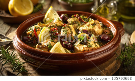 Mediterranean chicken stew with olives and lemon on wooden table Mediterranean chicken stew with olives and lemon on wooden table 135793698