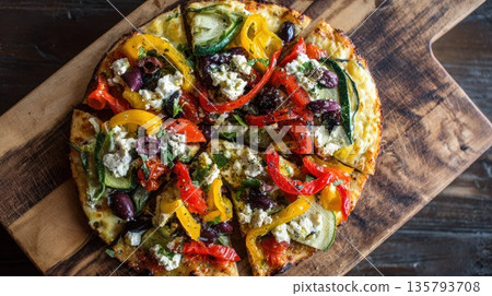 Vibrant Mediterranean flatbread pizza sliced on rustic board Vibrant Mediterranean flatbread pizza sliced on rustic board 135793708