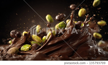 Vibrant pistachios and dark chocolate splashing together Vibrant pistachios and dark chocolate splashing together 135793709