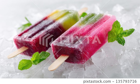 Two vibrant fruit popsicles are chilling on a bed of crushed ice with mint leaves 135793716