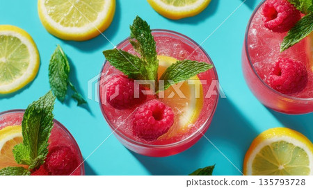 Refreshing raspberry lemonade drinks on bright turquoise Refreshing raspberry lemonade drinks on bright turquoise 135793728