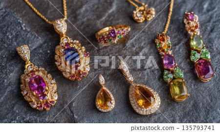 Sparkling gold jewelry with colorful gemstones rests on dark stone Sparkling gold jewelry with colorful gemstones rests on dark stone 135793741