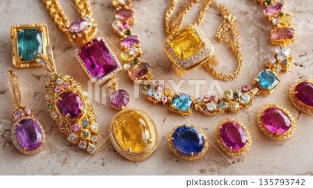 Luxury gold jewelry with colorful gemstones displayed on marble Luxury gold jewelry with colorful gemstones displayed on marble 135793742