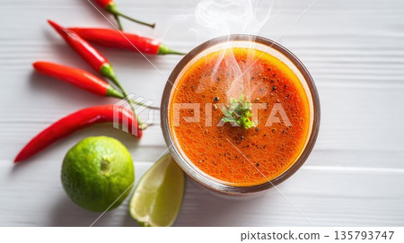 Steaming spicy Thai soup is served with fresh chili and lime 135793747