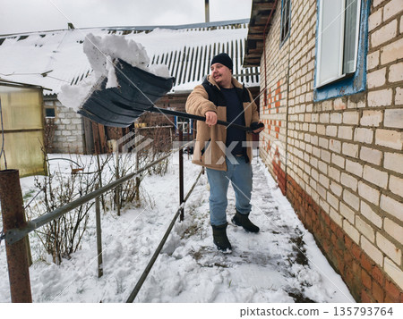 Man clearing heavy snow from a narrow path beside a brick house in a rustic rural yard, performing seasonal outdoor maintenance with a shovel on a cold winter day. Man clearing heavy snow from a narrow path beside a brick house in a rustic rural yard, performing seasonal outdoor maintenance with a shovel on a cold winter day. 135793764