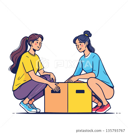 Vsai women collaborating packing boxes for moving or shipping service Vsai women collaborating packing boxes for moving or shipping service 135793767
