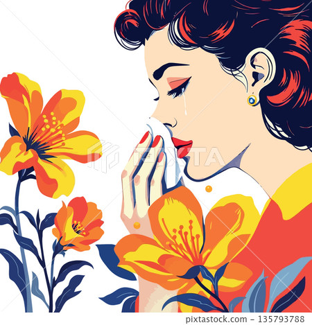 Vsai woman experiencing hay fever symptoms from blooming flowers 135793788