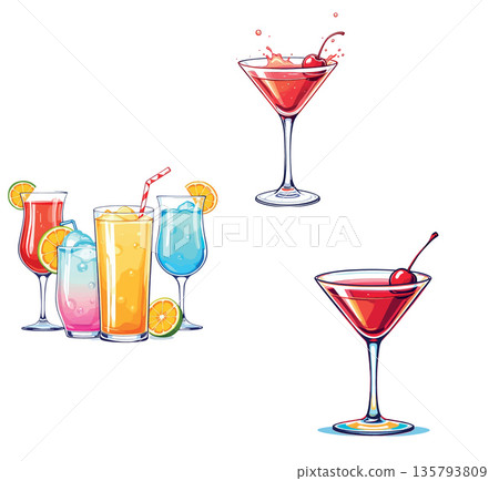 Vsai refreshing summer drinks with ice and fruit garnishes 135793809