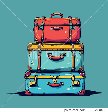 Vsai stack of colorful vintage suitcases for travel and vacation 135793813