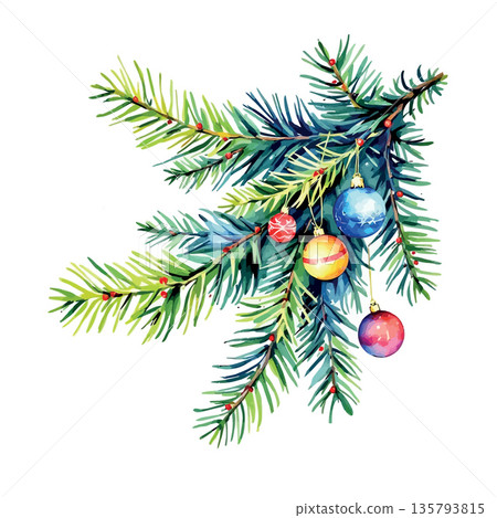 Vsai christmas fir tree branch with watercolor ornaments illustration Vsai christmas fir tree branch with watercolor ornaments illustration 135793815