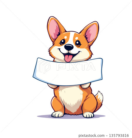 Vsai smiling cartoon corgi dog holding blank message banner Vsai smiling cartoon corgi dog holding blank message banner 135793816