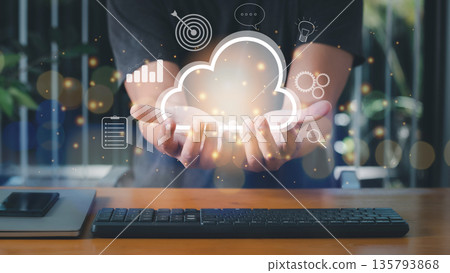 Man accessing the Cloud Computing Technology Internet Storage Network Concept And a large database big data Through internet technology. Man accessing the Cloud Computing Technology Internet Storage Network Concept And a large database big data Through internet technology. 135793868