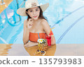 Sexy young asian woman in swimsuits in summer. beautiful woman in orange bikini with hat and tropical drink in swimming pool. 135793983
