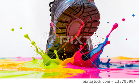 The sole of the sneaker comes in a multi-colored paint with bright splashes. The sole of the sneaker comes in a multi-colored paint with bright splashes. 135793994