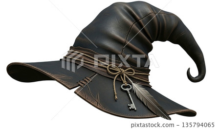 Vintage leather witch hat with key and feather decoration Vintage leather witch hat with key and feather decoration 135794065