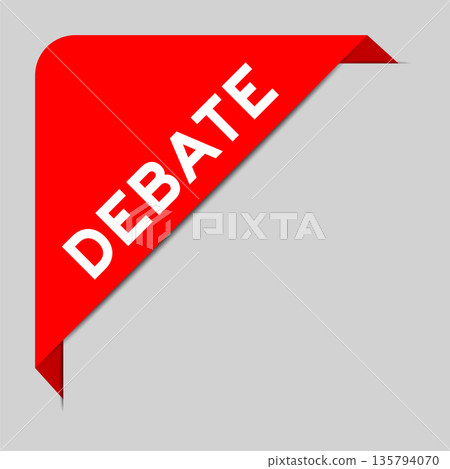 Red color of corner label banner with word debate on gray background 135794070