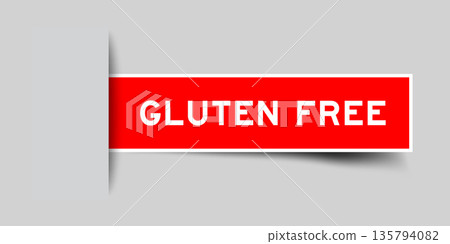 Red color square shape sticker label with word gluten free inserted in gray background 135794082