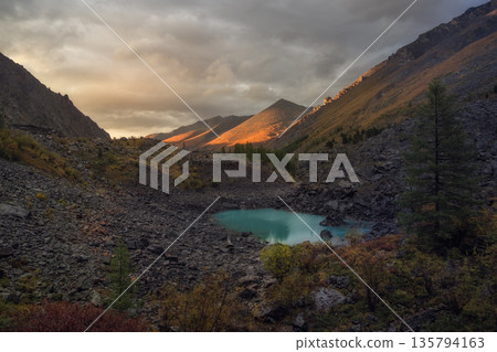 A mountain range with a lake in the middle A mountain range with a lake in the middle 135794163