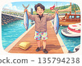 一個微笑的男孩在港口碼頭上舉著兩條大魚（夏季捕魚插圖） 135794238