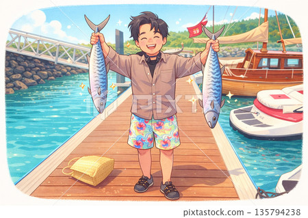 一個微笑的男孩在港口碼頭上舉著兩條大魚（夏季捕魚插圖） 135794238