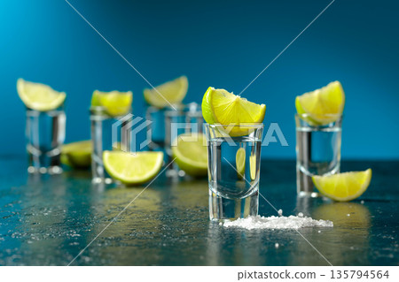 Tequila shots with lime slices and sea salt. Tequila shots with lime slices and sea salt. 135794564