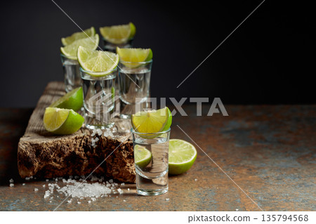 Tequila shots with lime and salt. 135794568