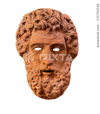Ancient greek terracotta theatrical mask on transparent background 135794588